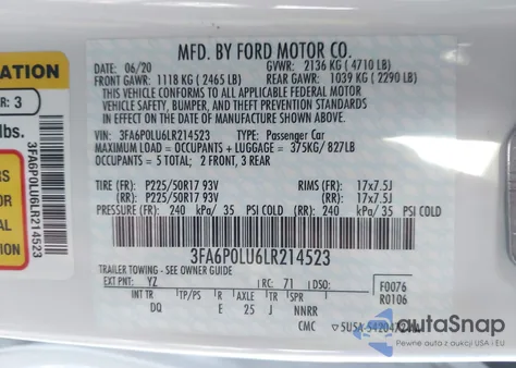 2020 Ford Fusion Hybrid Se z USA, uszkodzony, nr VIN 3FA6P0LU6LR214523